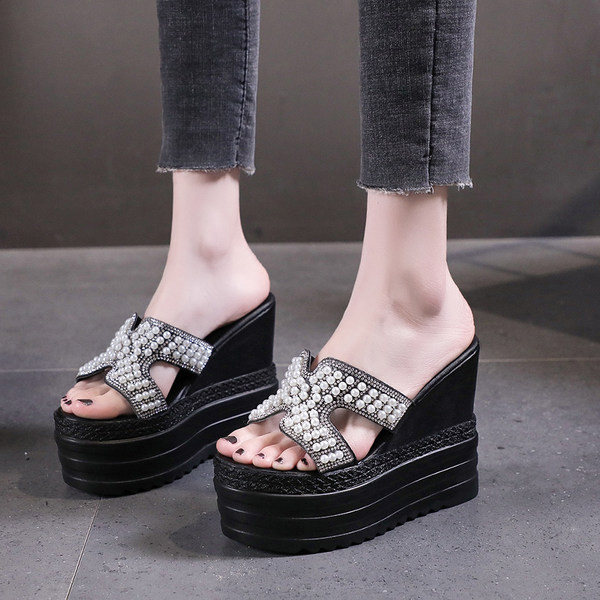 Papuci casual dama cu platforma de 12 cm si perle
