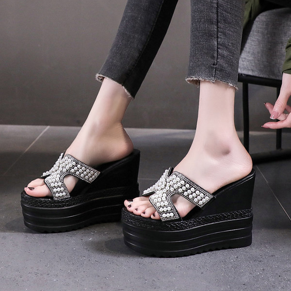Papuci casual dama cu platforma de 12 cm si perle