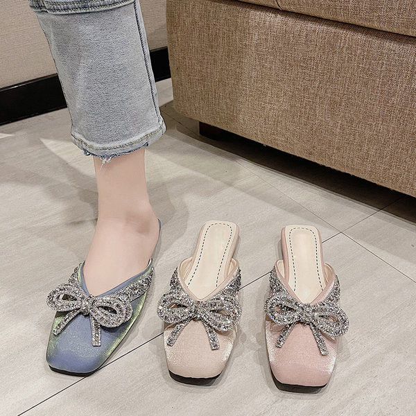 Papuci eleganti de dama cu pietre si panglica