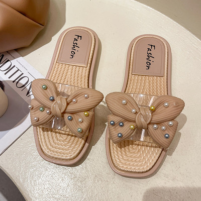 Γυναικείες παντόφλες με λουράκι σιλικόνης και κορδέλα με πέρλες