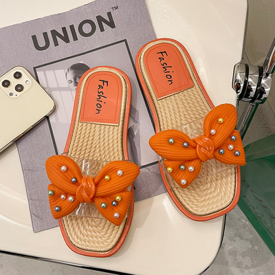 Γυναικείες παντόφλες με λουράκι σιλικόνης και κορδέλα με πέρλες