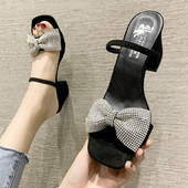 Papuci eleganti de dama din piele intoarsa ecologica cu toc si panglica