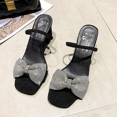 Papuci eleganti de dama din piele intoarsa ecologica cu toc si panglica