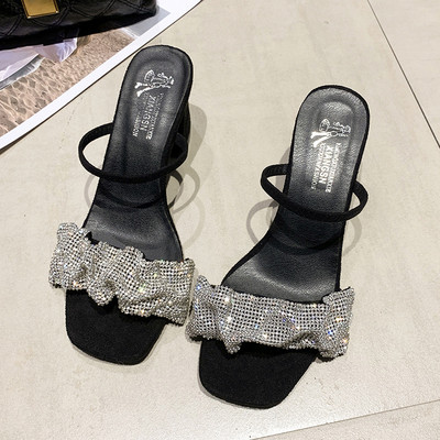 Papuci eleganti de dama din piele intoarsa ecologica cu toc si panglica