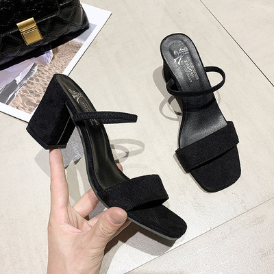 Papuci eleganti de dama din piele intoarsa ecologica cu toc si panglica