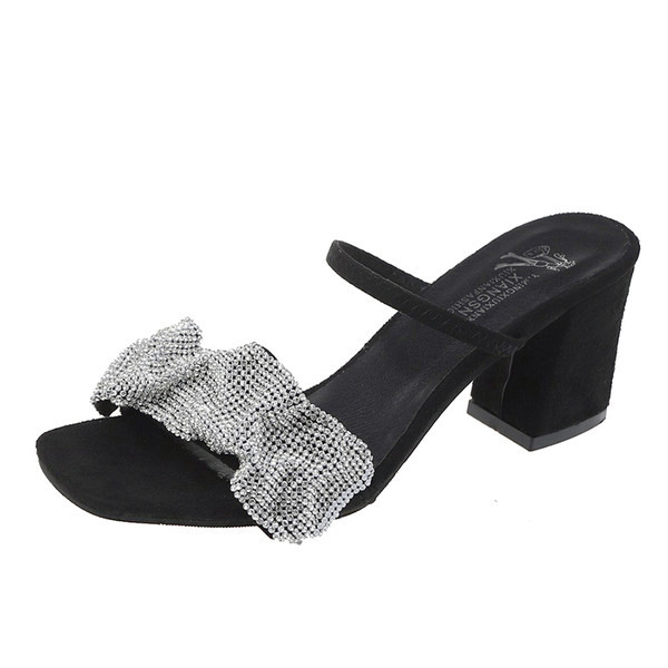 Papuci eleganti de dama din piele intoarsa ecologica cu toc si panglica