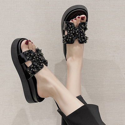 Papuci de damă cu mărgele și talpă plată - două culori