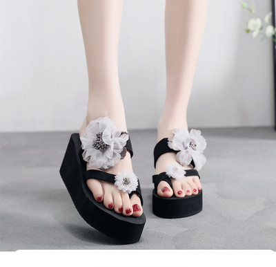Papuci de damă cu platformă înaltă și flori 3D