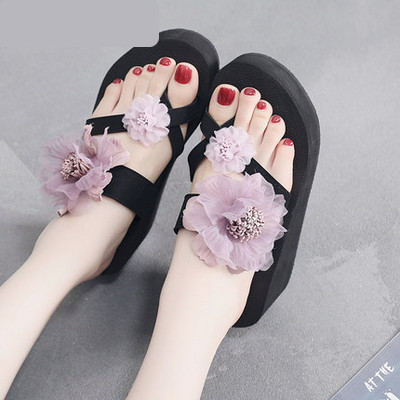 Papuci de damă cu platformă înaltă și flori 3D