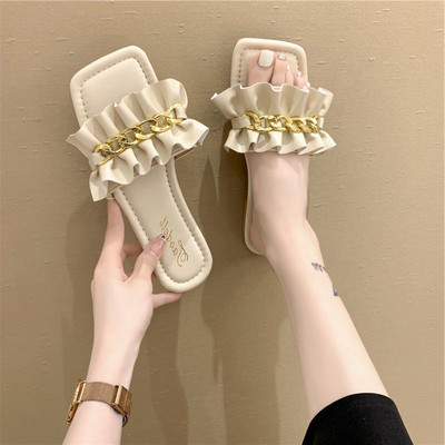 Papuci de dama din piele cu lant metalic