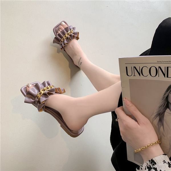 Papuci de dama din piele cu lant metalic