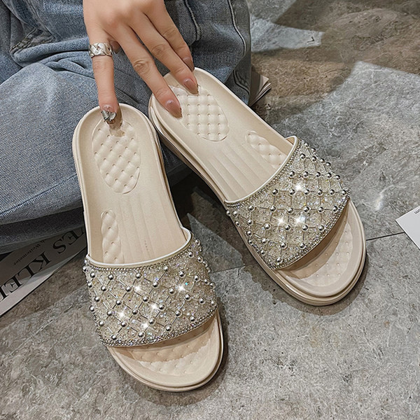 Papuci casual de dama cu perle si talpa plata