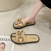 Papuci casual de dama cu decor metalic si talpa plata