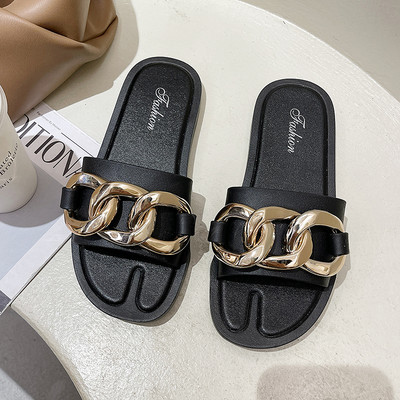 Papuci casual de dama cu decor metalic si talpa plata