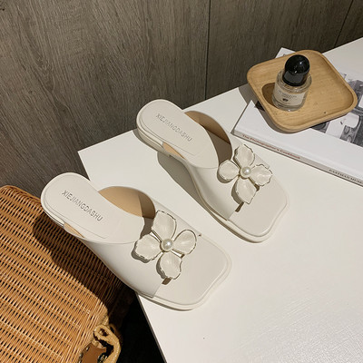 Papuci casual dama cu element de flori 3D - piele artificiala