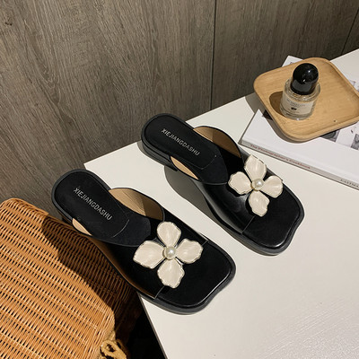 Papuci casual dama cu element de flori 3D - piele artificiala