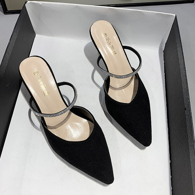 Papuci eleganti ascutit din piele intoarsa ecologica cu pietre