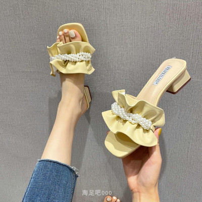 Γυναικείες παντόφλες με βολάν και πέρλες- επίπεδη σόλα