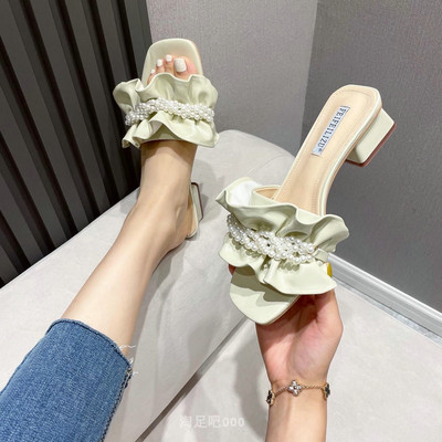 Γυναικείες παντόφλες με βολάν και πέρλες- επίπεδη σόλα