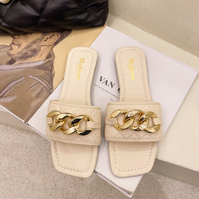 Papuci moderni de dama din imitatie de piele cu lant