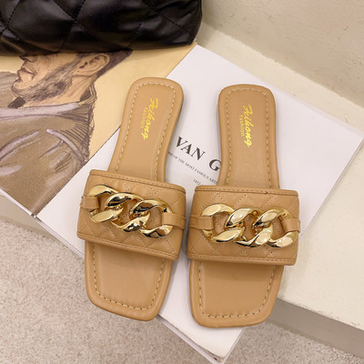 Papuci moderni de dama din imitatie de piele cu lant