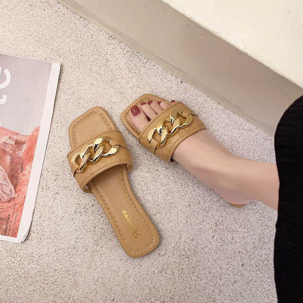 Papuci moderni de dama din imitatie de piele cu lant