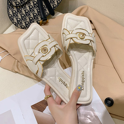 Papuci casual de dama din piele cu decor metalic in doua culori