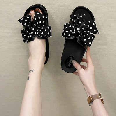 Papuci de dama cu panglica cu puncte si talpa plata