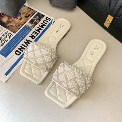 Νέο μοντέλο γυναικείες τετράγωνες παντόφλες με πέτρες και πέρλες