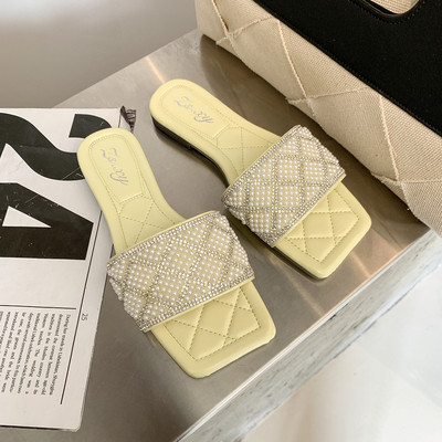 Νέο μοντέλο γυναικείες τετράγωνες παντόφλες με πέτρες και πέρλες