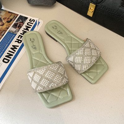 Νέο μοντέλο γυναικείες τετράγωνες παντόφλες με πέτρες και πέρλες