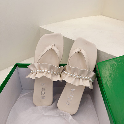 Papuci de damă din piele între degete - cu perle