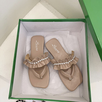 Papuci de damă din piele între degete - cu perle