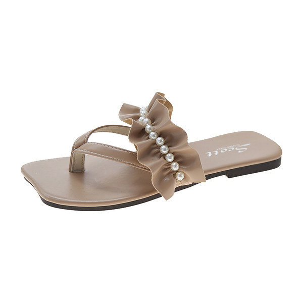 Papuci de damă din piele între degete - cu perle