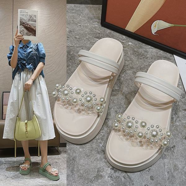 Papuci dama cu perle in bej si verde