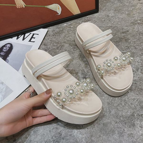 Papuci dama cu perle in bej si verde