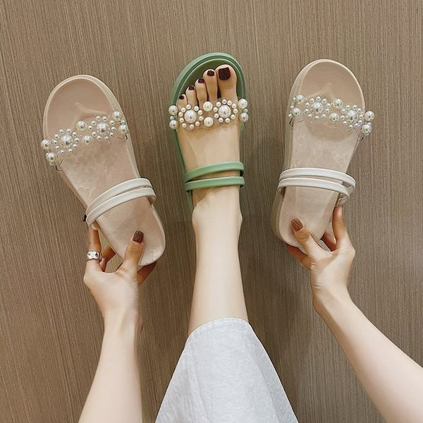 Papuci dama cu perle in bej si verde