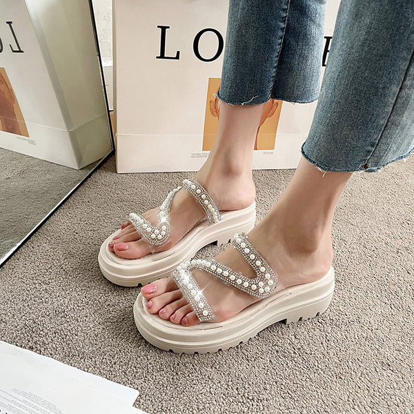 Papuci moderni de dama cu curea din silicon, pietre si perle