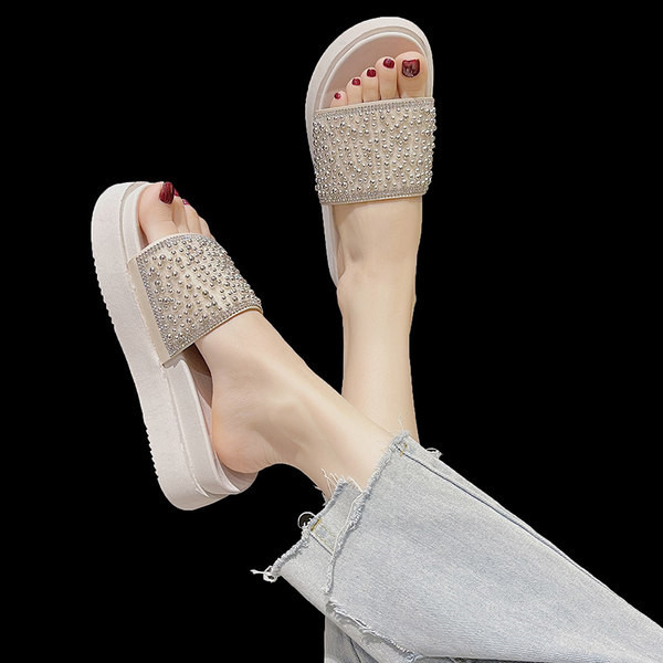 Papuci dama cu margele si talpa plata in doua culori