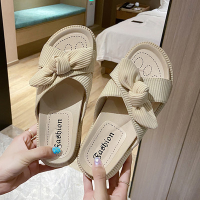 Papuci casual cu bretele incrucisate din material textil si panglica