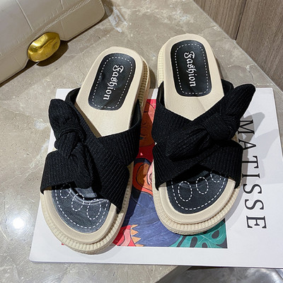 Papuci casual cu bretele incrucisate din material textil si panglica