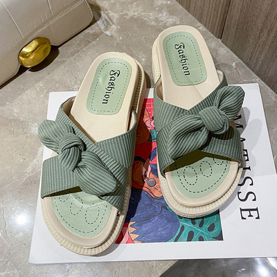 Papuci casual cu bretele incrucisate din material textil si panglica