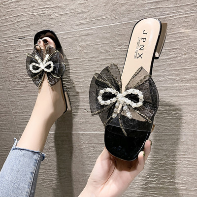 Γυναικείες casual παντόφλες με χάντρες και κορδέλα