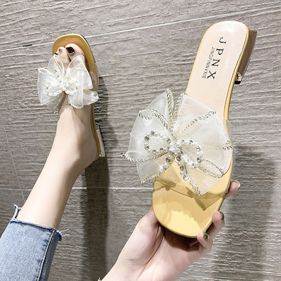 Γυναικείες casual παντόφλες με χάντρες και κορδέλα