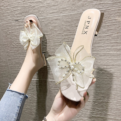 Γυναικείες casual παντόφλες με χάντρες και κορδέλα