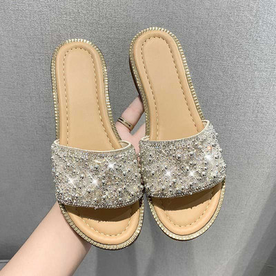 Papuci de damă cu talpă plată și particule strălucitoare
