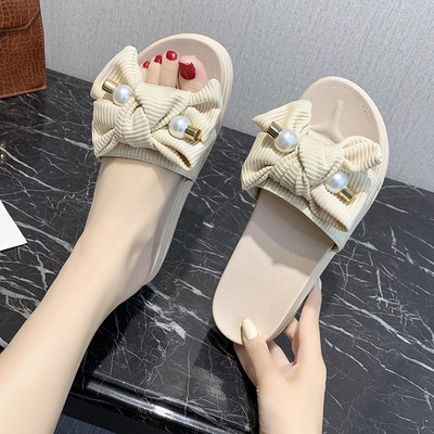 Papuci dama cu perle si panglica in doua culori