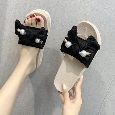 Papuci dama cu perle si panglica in doua culori