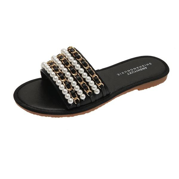 Papuci moderni de dama cu talpa plate si perle