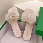 Καλοκαιρινές παντόφλες με τούλι και  κορδέλααπό πέρλες